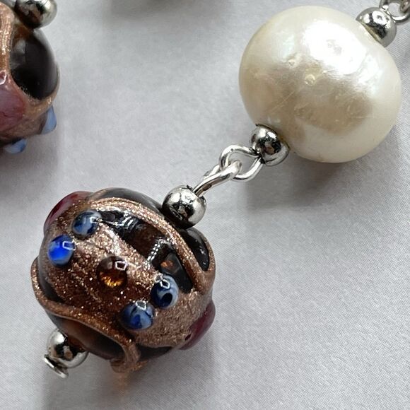 Artisan 925 Sterling Silver Pearl Murano Wedding Cake Beaded Dangle Earrings - Picture 5 of 7